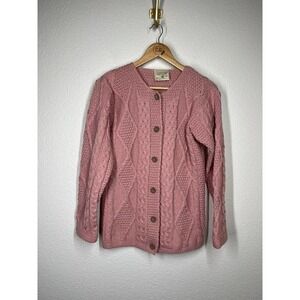 Connemara Knit Wear Pure Wool Cardigan Womens XS Pink Ireland Fisherman Cable